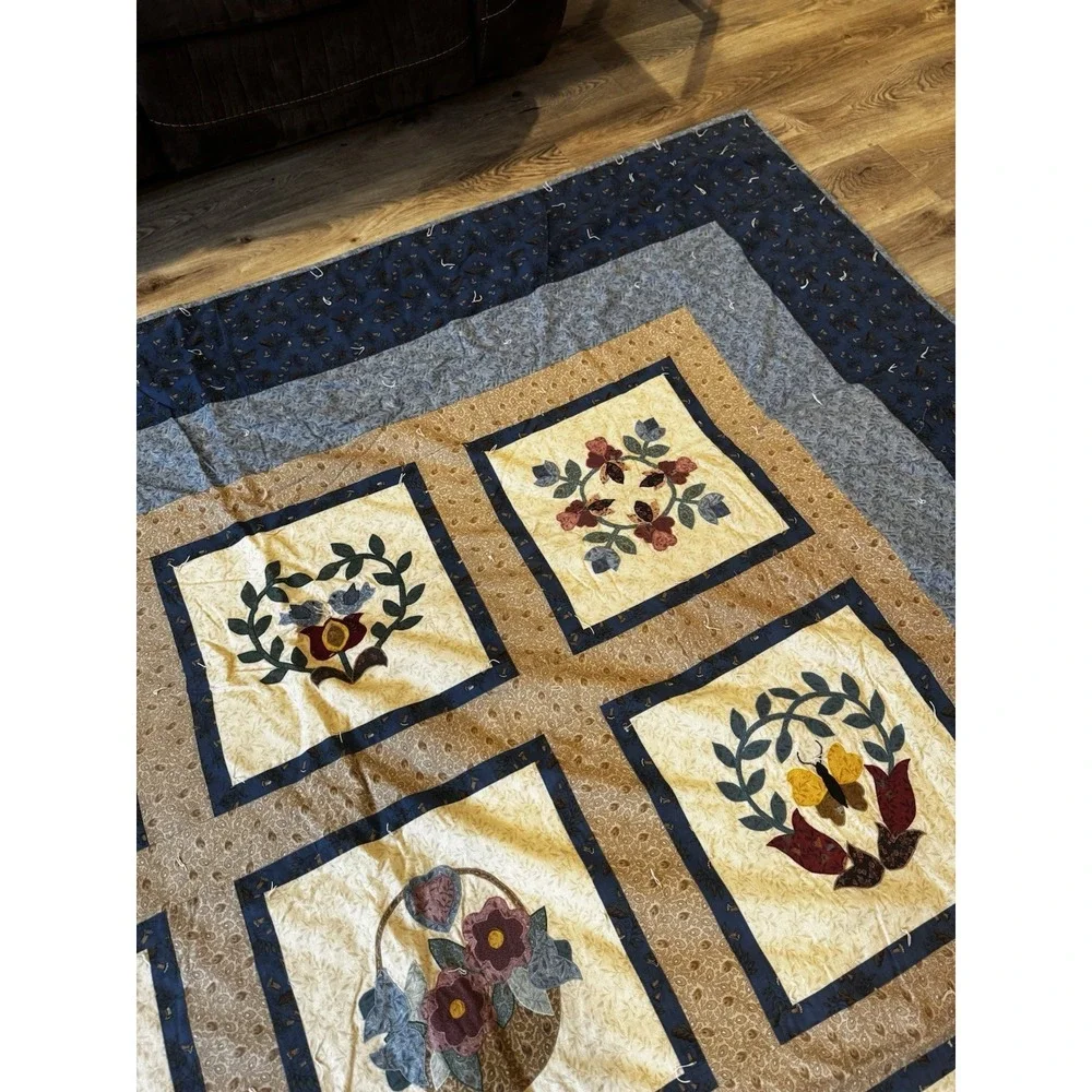 Vintage Handmade Applique Folk Art Quilt King Queen 106x89‎ Floral Country Home